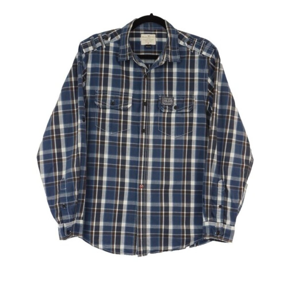 Marc Ecko Mens Y2K Plaid Button Down Shirt Blue Brown M Preppy Nautical Street